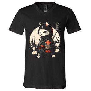 Japanese Samurai Cat Tattoo Kawaii Ninja Cat V-Neck T-Shirt