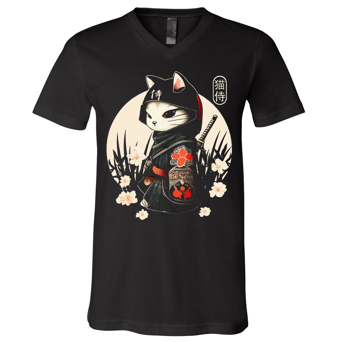 Japanese Samurai Cat Tattoo Kawaii Ninja Cat V-Neck T-Shirt