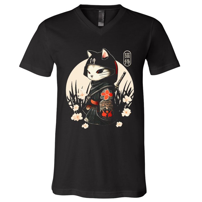 Japanese Samurai Cat Tattoo Kawaii Ninja Cat V-Neck T-Shirt