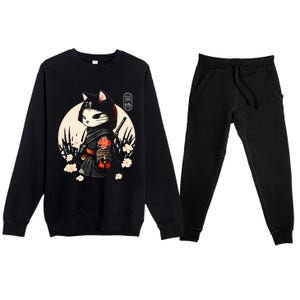 Japanese Samurai Cat Tattoo Kawaii Ninja Cat Premium Crewneck Sweatsuit Set