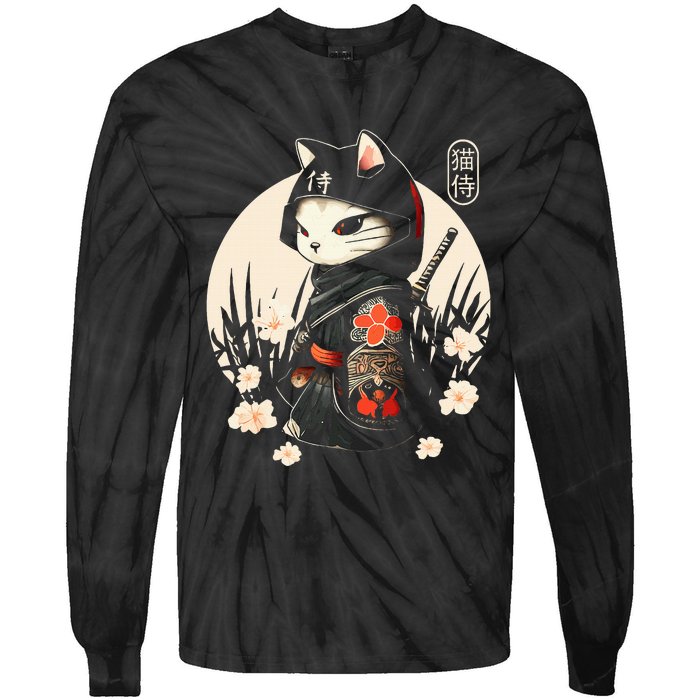 Japanese Samurai Cat Tattoo Kawaii Ninja Cat Tie-Dye Long Sleeve Shirt