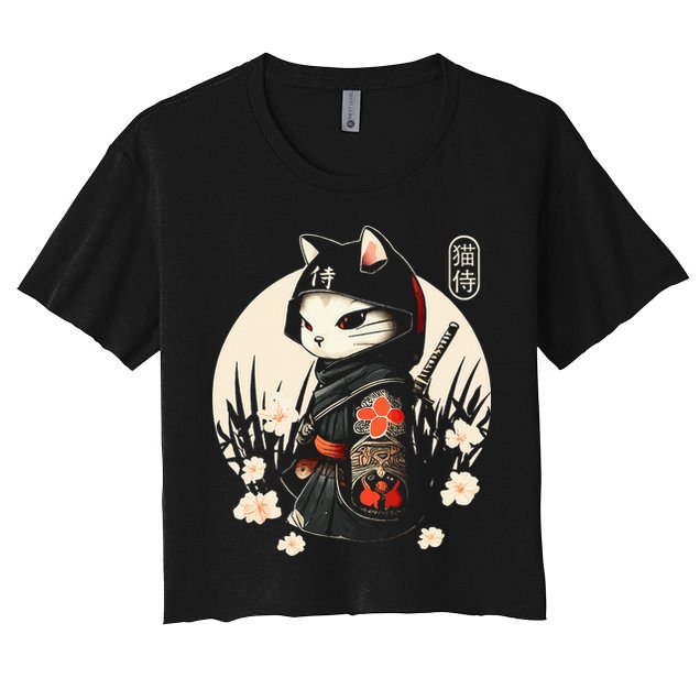 Japanese Samurai Cat Tattoo Kawaii Ninja Cat Women's Crop Top Tee