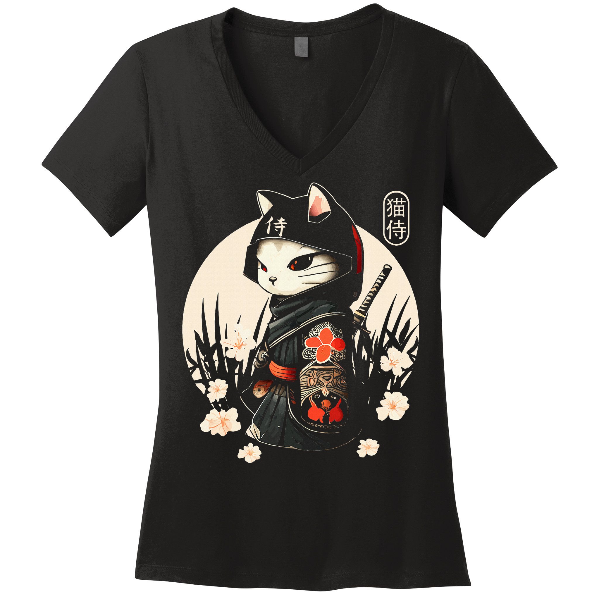 Japanese Samurai Cat Tattoo Kawaii Ninja Cat Women's V-Neck T-Shirt