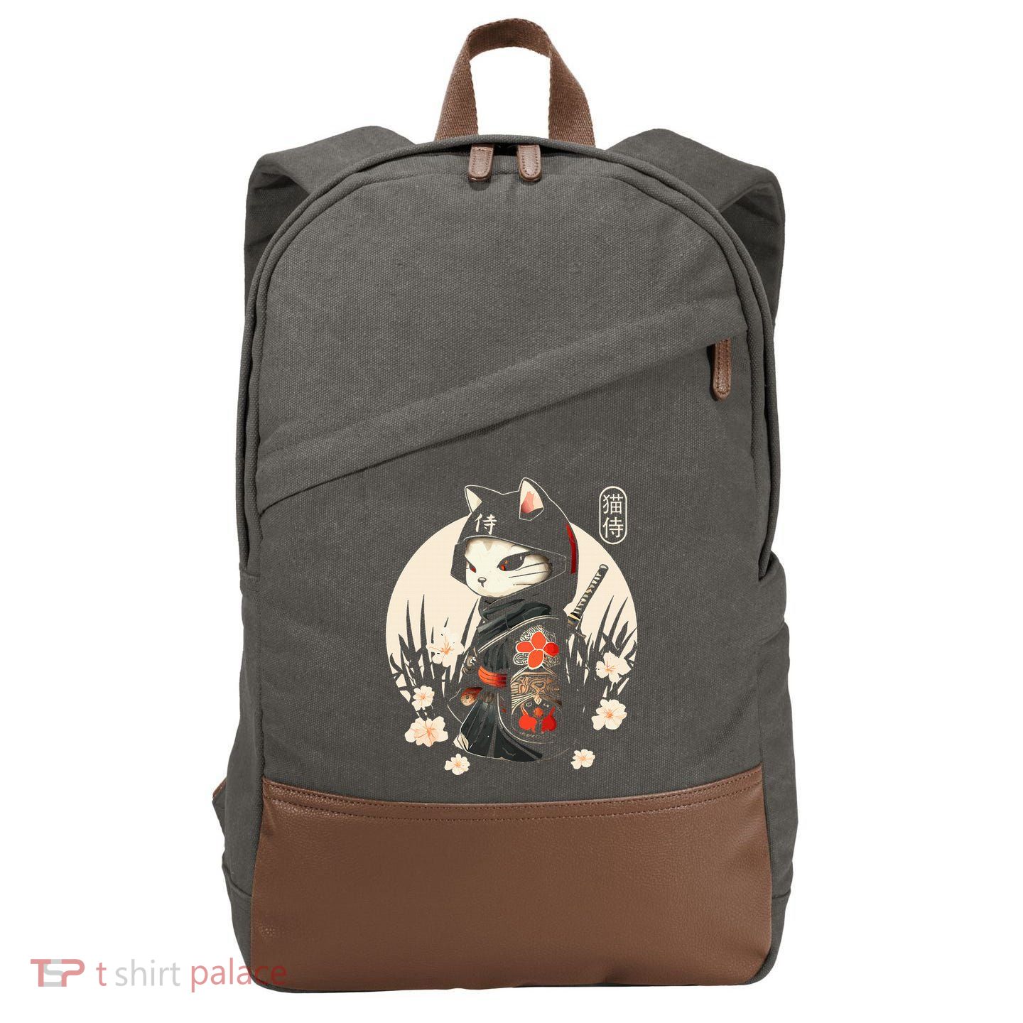 Japanese Samurai Cat Tattoo Kawaii Ninja Cat Cotton Canvas Backpack