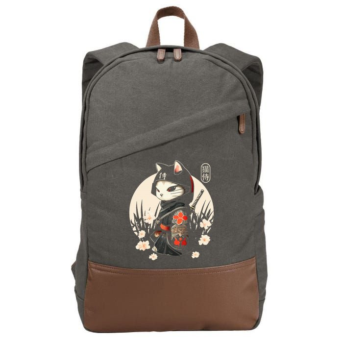 Japanese Samurai Cat Tattoo Kawaii Ninja Cat Cotton Canvas Backpack