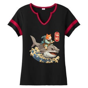 Japanese Samurai Cat Shark Ninja Cat Tattoo Kitten Ladies Halftime Notch Neck Tee