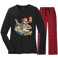 Japanese Samurai Cat Shark Ninja Cat Tattoo Kitten Women's Long Sleeve Flannel Pajama Set 