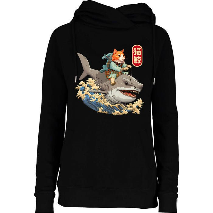 Japanese Samurai Cat Shark Ninja Cat Tattoo Kitten Womens Funnel Neck Pullover Hood