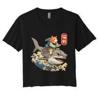 Japanese Samurai Cat Shark Ninja Cat Tattoo Kitten Women's Crop Top Tee