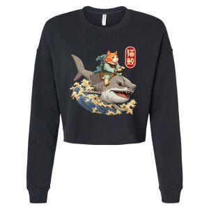 Japanese Samurai Cat Shark Ninja Cat Tattoo Kitten Cropped Pullover Crew