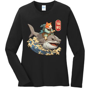 Japanese Samurai Cat Shark Ninja Cat Tattoo Kitten Ladies Long Sleeve Shirt