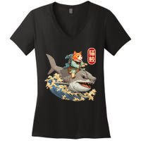 Japanese Samurai Cat Shark Ninja Cat Tattoo Kitten Women's V-Neck T-Shirt