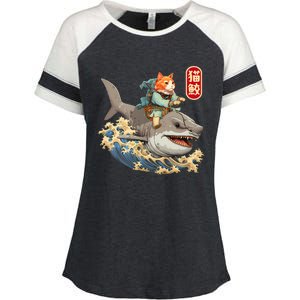 Japanese Samurai Cat Shark Ninja Cat Tattoo Kitten Enza Ladies Jersey Colorblock Tee