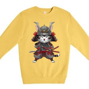 Japanese Samurai Cat Funny Parody Japanese Anime Premium Crewneck Sweatshirt