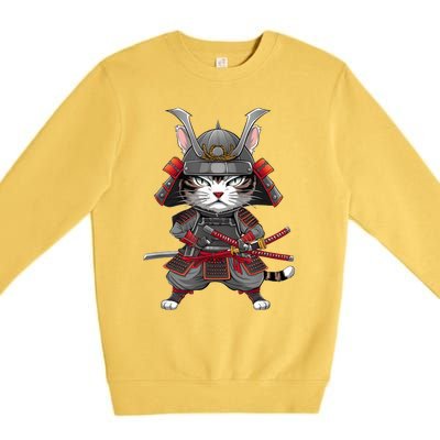 Japanese Samurai Cat Funny Parody Japanese Anime Premium Crewneck Sweatshirt