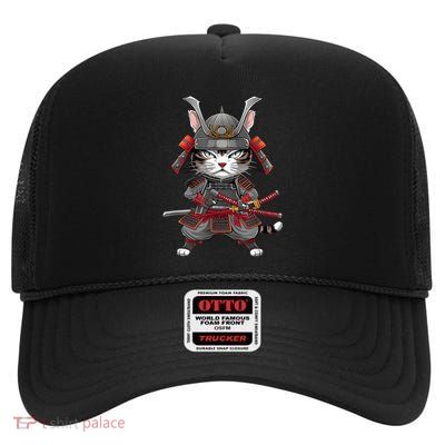 Japanese Samurai Cat Funny Parody Japanese Anime High Crown Mesh Back Trucker Hat