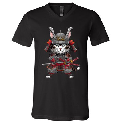 Japanese Samurai Cat Funny Parody Japanese Anime V-Neck T-Shirt