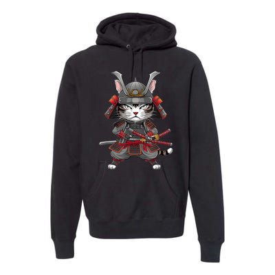 Japanese Samurai Cat Funny Parody Japanese Anime Premium Hoodie