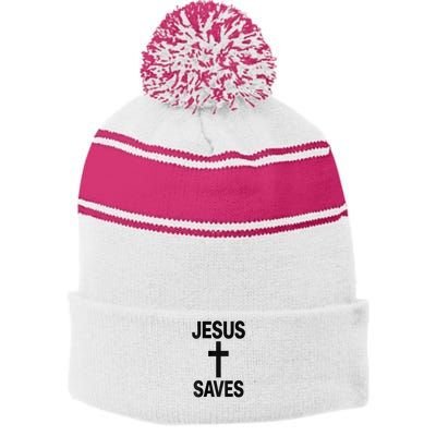 Jesus Saves Christian - Front And Back Design  Stripe Pom Pom Beanie