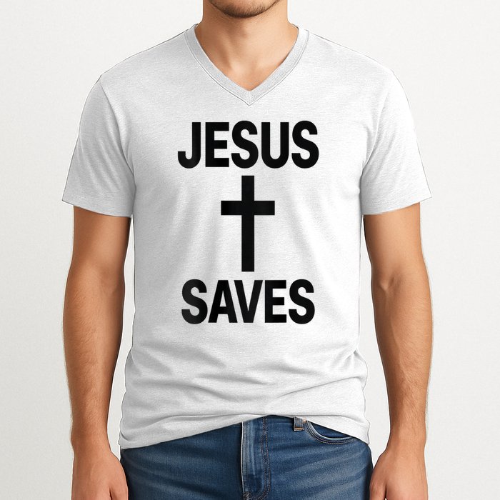 Jesus Saves Christian - Front And Back Design  V-Neck T-Shirt