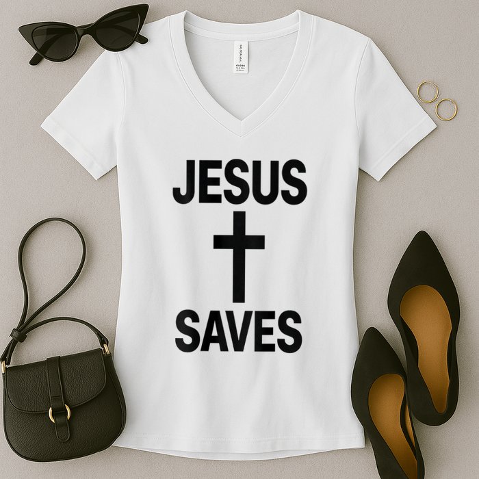 Jesus Saves Christian - Front And Back Design  Women's V-Neck T-Shirt