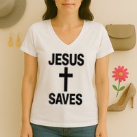 Jesus Saves Christian - Front And Back Design  Women's V-Neck T-Shirt