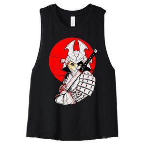 Japanese Samurai Cat Katana Japanese Bobtail Cat Anime Women's Racerback Cropped Tank