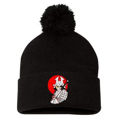 Japanese Samurai Cat Katana Japanese Bobtail Cat Anime Pom Pom 12in Knit Beanie