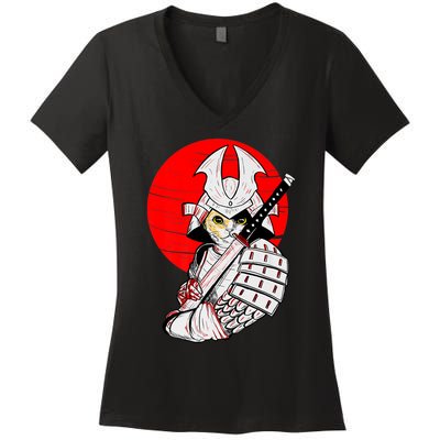 Japanese Samurai Cat Katana Japanese Bobtail Cat Anime Women's V-Neck T-Shirt