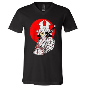 Japanese Samurai Cat Katana Japanese Bobtail Cat Anime Raglan V-Neck T-Shirt