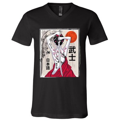 Japanese Samurai Culture Scenery Vintage Sakura Cherry V-Neck T-Shirt