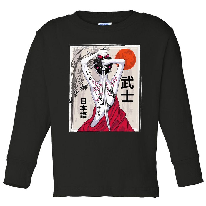 Japanese Samurai Culture Scenery Vintage Sakura Cherry Toddler Long Sleeve Shirt