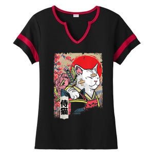 Japanese Samurai Cat Warrior Japan Ninja Kitten Ladies Halftime Notch Neck Tee