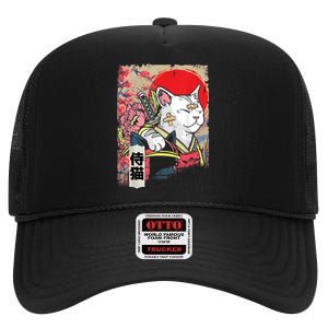 Japanese Samurai Cat Warrior Japan Ninja Kitten High Crown Mesh Back Trucker Hat