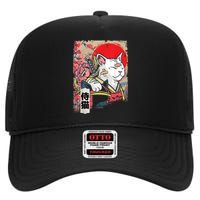 Japanese Samurai Cat Warrior Japan Ninja Kitten High Crown Mesh Back Trucker Hat