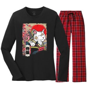 Japanese Samurai Cat Warrior Japan Ninja Kitten Women's Long Sleeve Flannel Pajama Set 