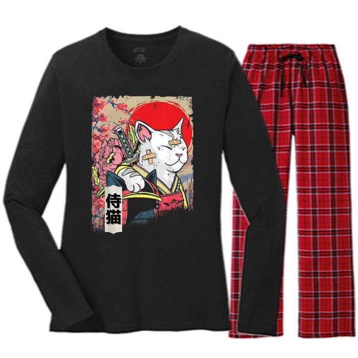 Japanese Samurai Cat Warrior Japan Ninja Kitten Women's Long Sleeve Flannel Pajama Set 