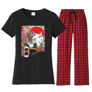 Japanese Samurai Cat Warrior Japan Ninja Kitten Women's Flannel Pajama Set