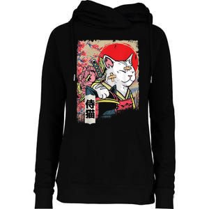 Japanese Samurai Cat Warrior Japan Ninja Kitten Womens Funnel Neck Pullover Hood