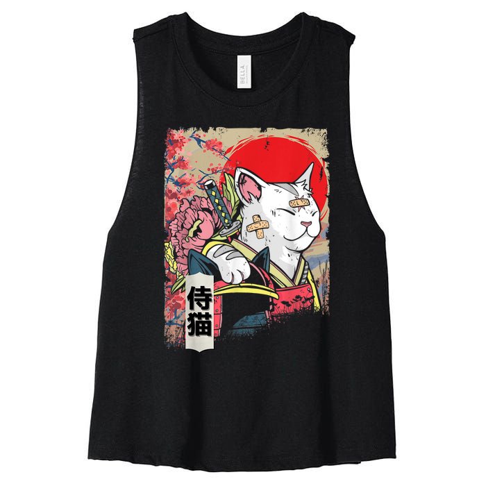 Japanese Samurai Cat Warrior Japan Ninja Kitten Women's Racerback Cropped Tank