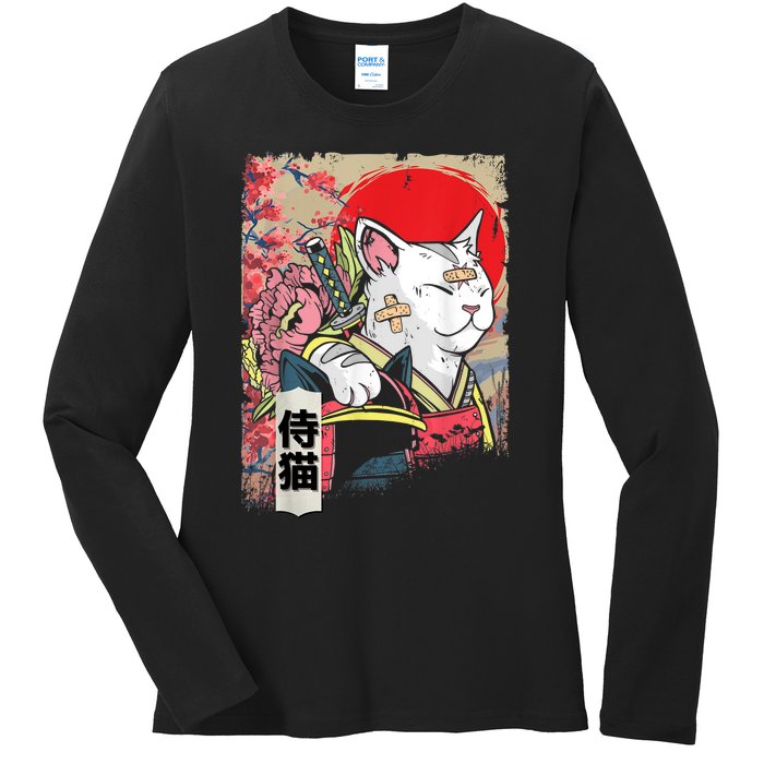 Japanese Samurai Cat Warrior Japan Ninja Kitten Ladies Long Sleeve Shirt