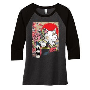 Japanese Samurai Cat Warrior Japan Ninja Kitten Women's Tri-Blend 3/4-Sleeve Raglan Shirt