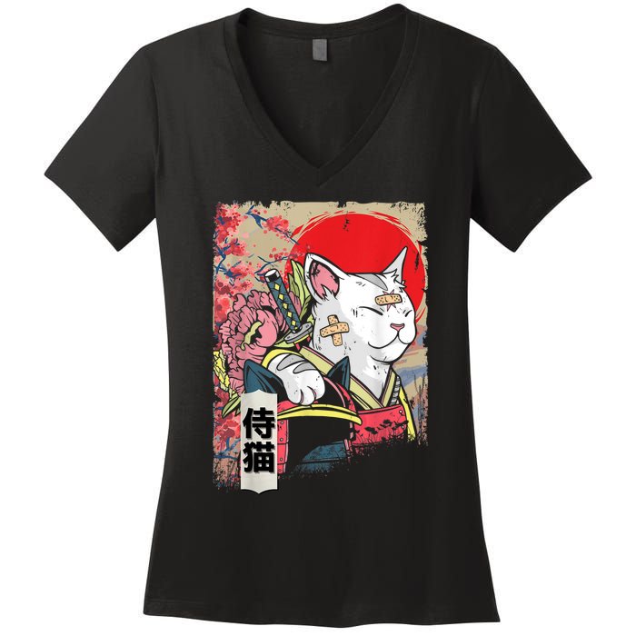 Japanese Samurai Cat Warrior Japan Ninja Kitten Women's V-Neck T-Shirt