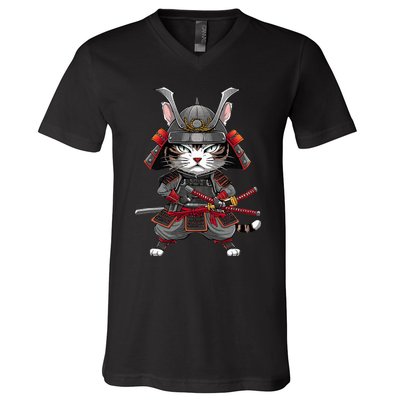 Japanese Samurai Cat Funny Parody Japanese V-Neck T-Shirt