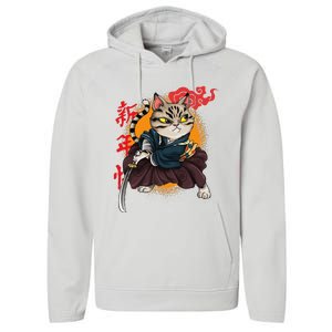 Japanese Samurai Cat Tattoo Kawaii Ninja Cat Performance Fleece Hoodie