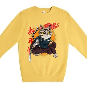 Japanese Samurai Cat Tattoo Kawaii Ninja Cat Premium Crewneck Sweatshirt