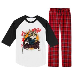 Japanese Samurai Cat Tattoo Kawaii Ninja Cat Raglan Sleeve Pajama Set