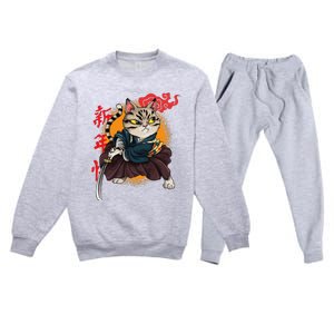 Japanese Samurai Cat Tattoo Kawaii Ninja Cat Premium Crewneck Sweatsuit Set