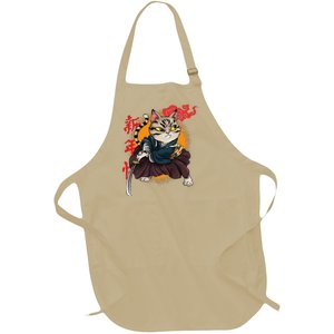 Japanese Samurai Cat Tattoo Kawaii Ninja Cat Full-Length Apron With Pockets