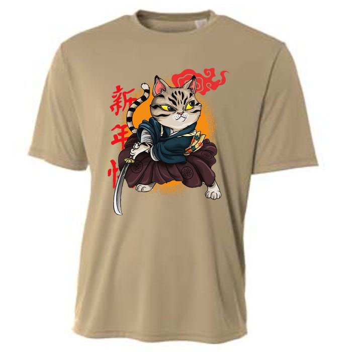 Japanese Samurai Cat Tattoo Kawaii Ninja Cat Cooling Performance Crew T-Shirt